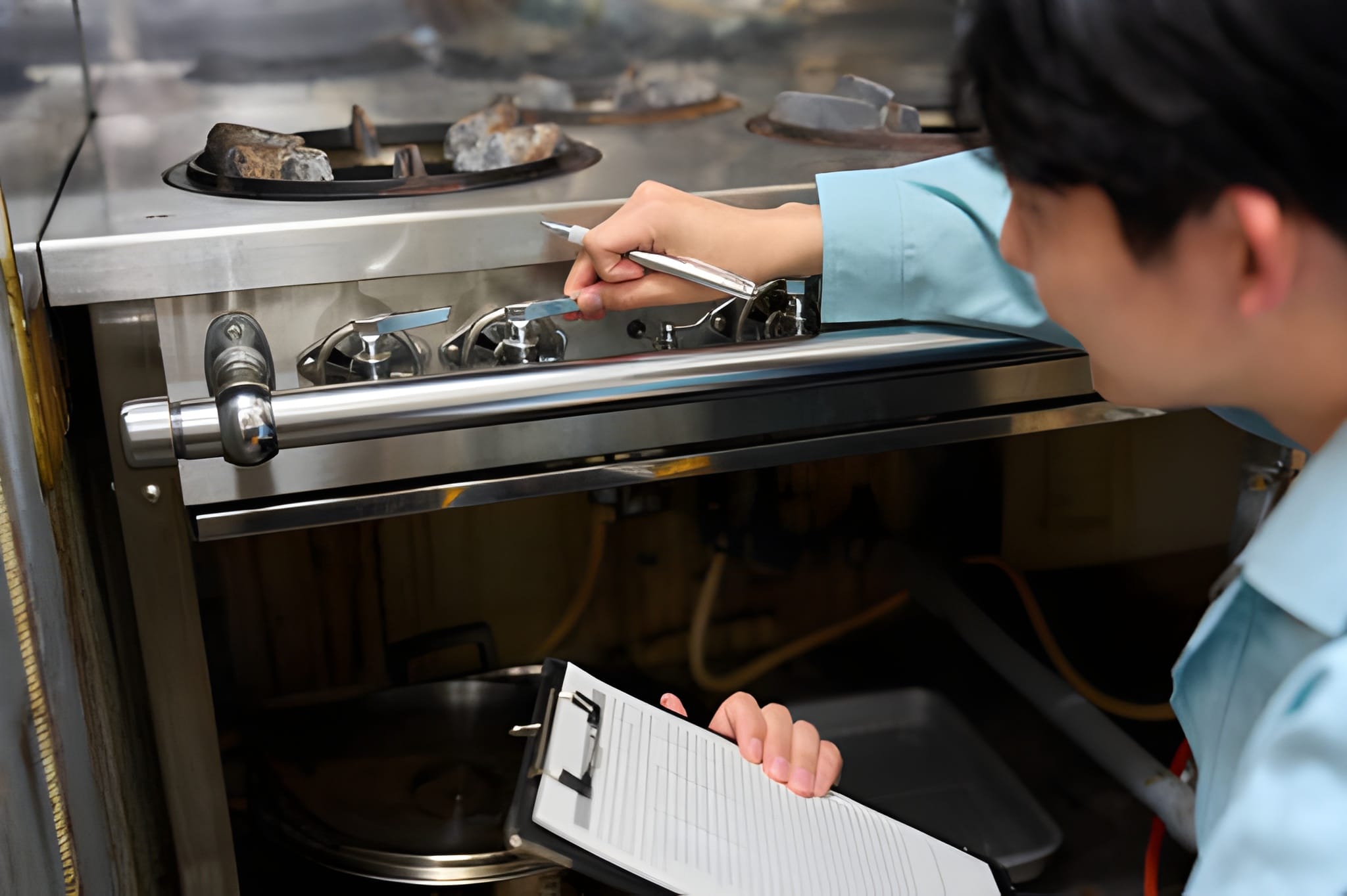 A man checking a gas stove at a restaurant