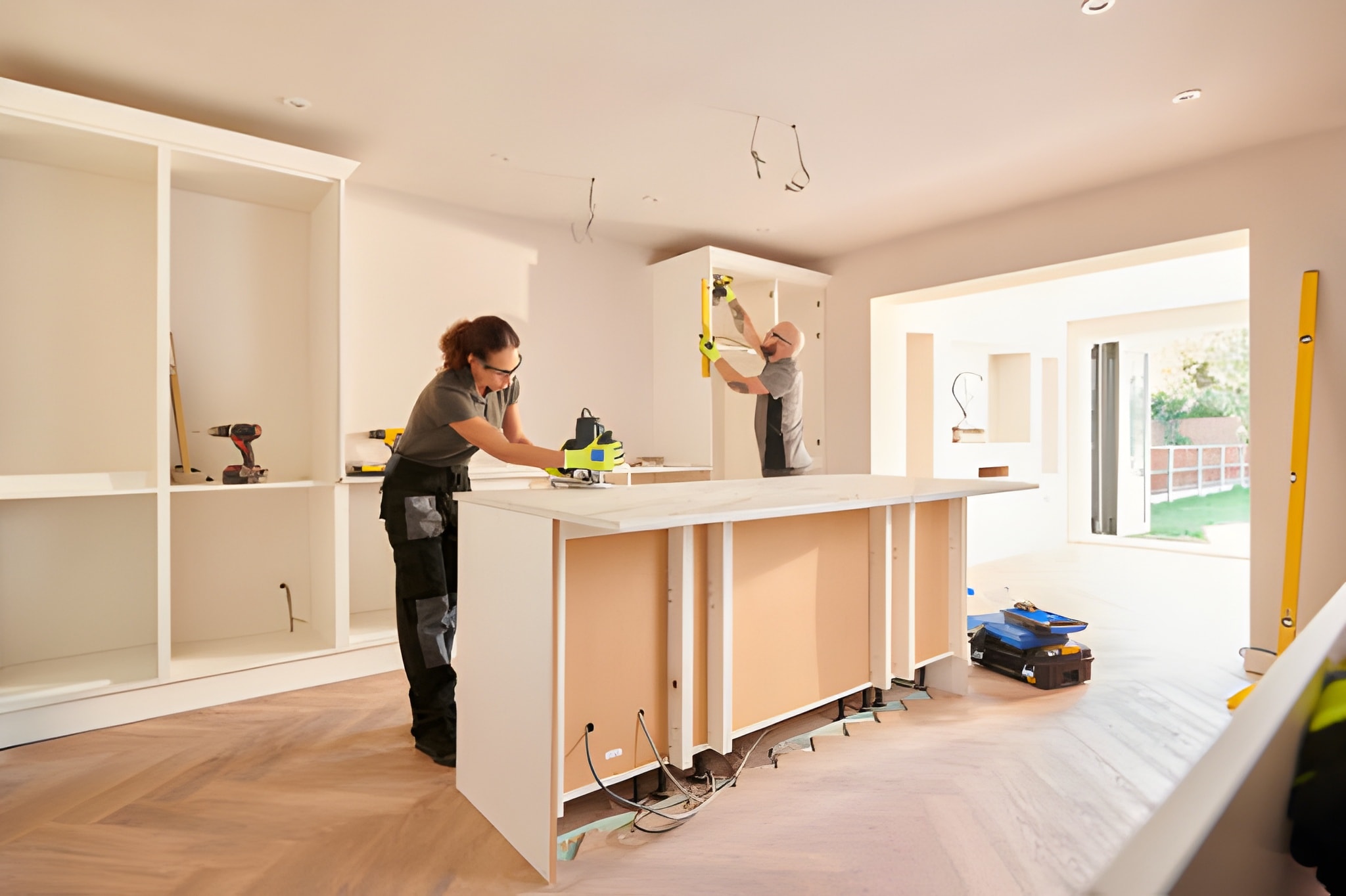 Kitchen fitters installing some cabinets