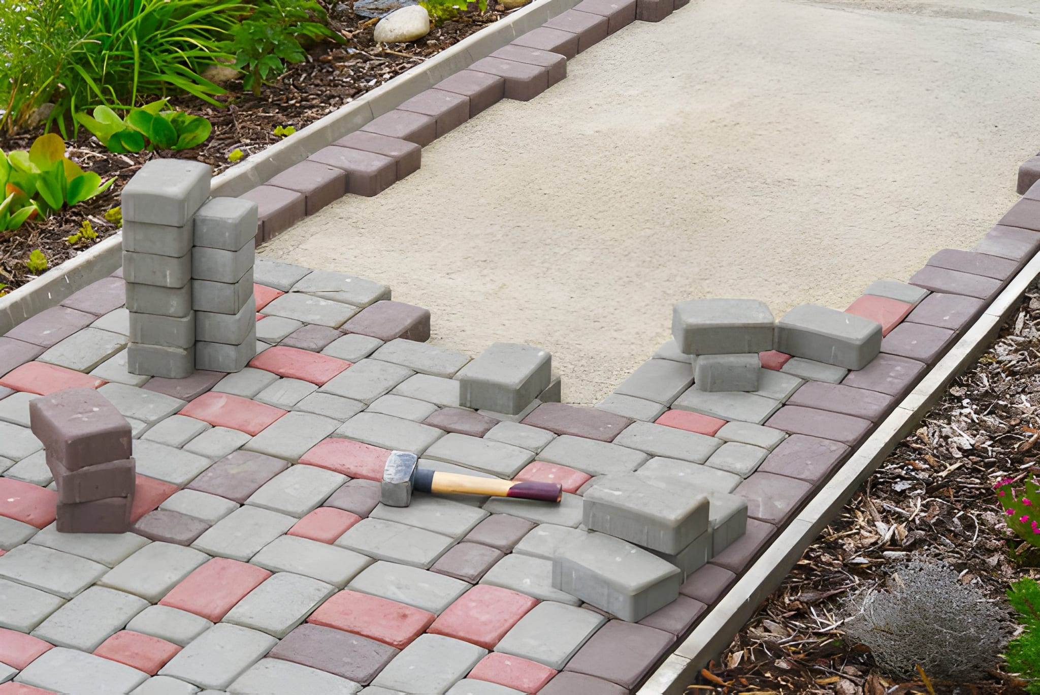 Worker laying paving stones. stone pavement, construction worker